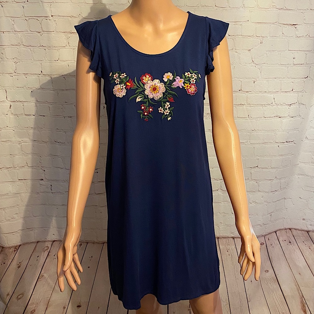 Alya blue floral embroidered super soft dress summer boho size medium